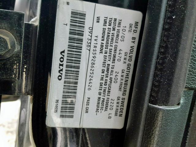 YV1RS592862524426 - 2006 VOLVO S60 2.5T BLACK photo 10