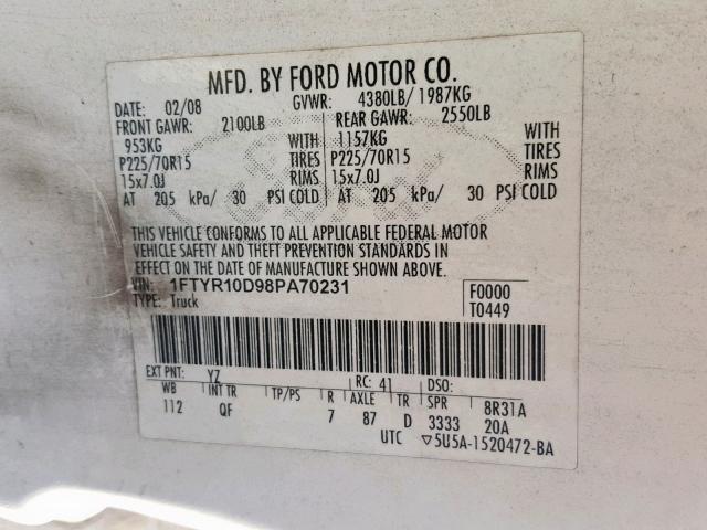 1FTYR10D98PA70231 - 2008 FORD RANGER WHITE photo 10