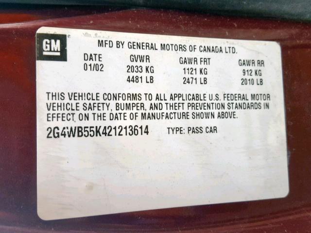 2G4WB55K421213614 - 2002 BUICK REGAL LS RED photo 10