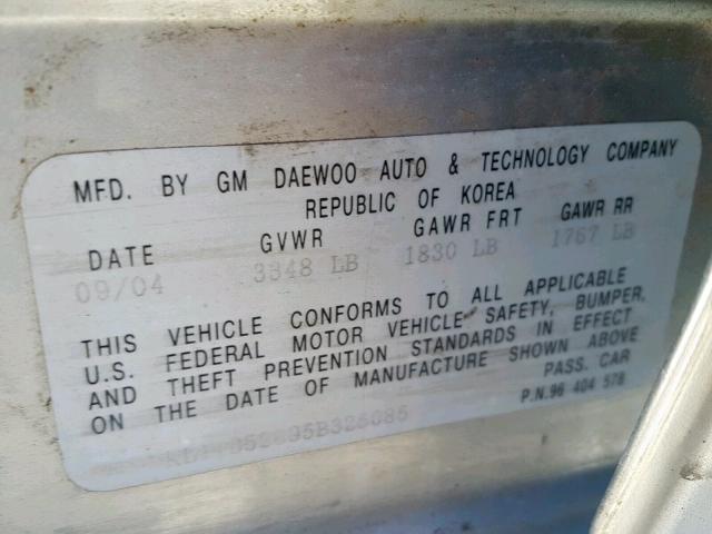 KL1TD52695B325085 - 2005 CHEVROLET AVEO BASE Күміс фото 10