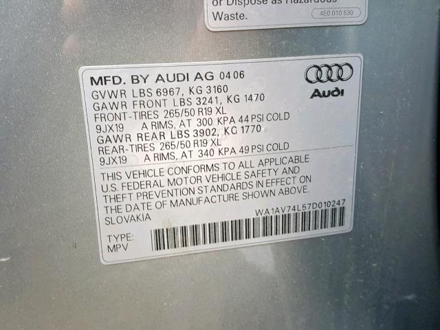 WA1AV74L57D010247 - 2007 AUDI Q7 4.2 QUA GRAY photo 10