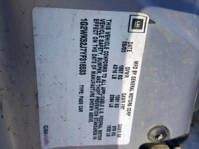 1G2WK52J7YF316533 - 2000 PONTIAC GRAND PRIX 银色 照片 10