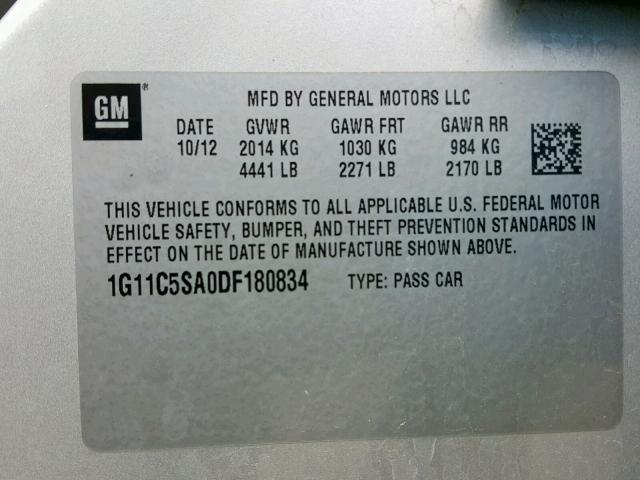 1G11C5SA0DF180834 - 2013 CHEVROLET MALIBU 1LT ვერცხლისფერი ფოტო 10