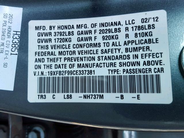 19XFB2F99CE337381 - 2012 HONDA CIVIC EXL CHARCOAL photo 10