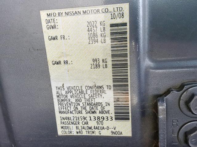 1N4BL21E59C138933 - 2009 NISSAN ALTIMA 3.5 GRAY photo 10