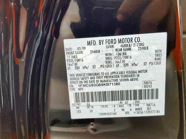 1FMCU93G69KB71380 - 2009 FORD ESCAPE XLT BLACK photo 10