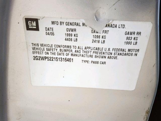 2G2WP522151316461 - 2005 PONTIAC GRAND PRIX SILVER photo 10