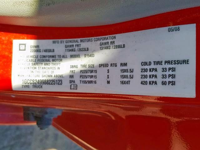1GCCS249988225123 - 2008 CHEVROLET COLORADO L RED photo 10