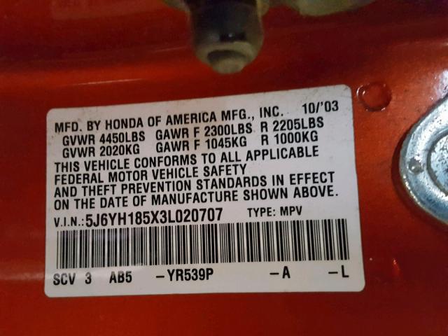 5J6YH185X3L020707 - 2003 HONDA ELEMENT EX ORANGE photo 10