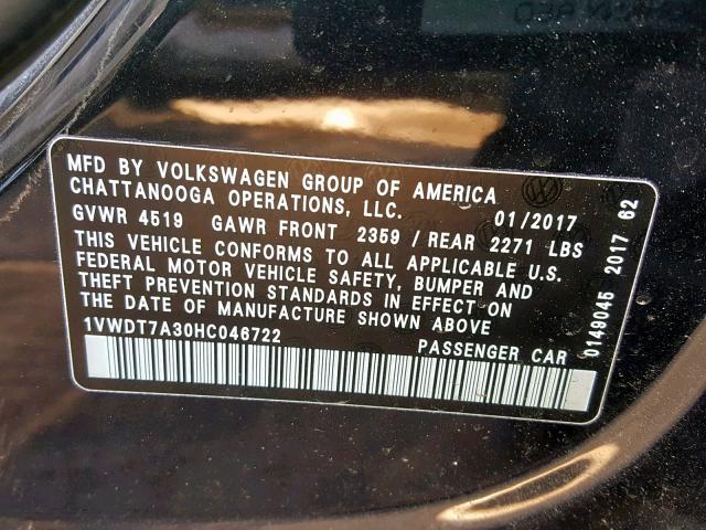 1VWDT7A30HC046722 - 2017 VOLKSWAGEN PASSAT R-L BLACK photo 10