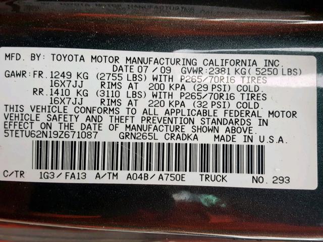 5TETU62N19Z671087 - 2009 TOYOTA TACOMA PRE CHARCOAL photo 10