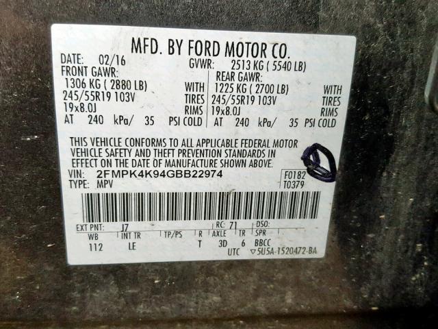 2FMPK4K94GBB22974 - 2016 FORD EDGE TITAN GRAY photo 10