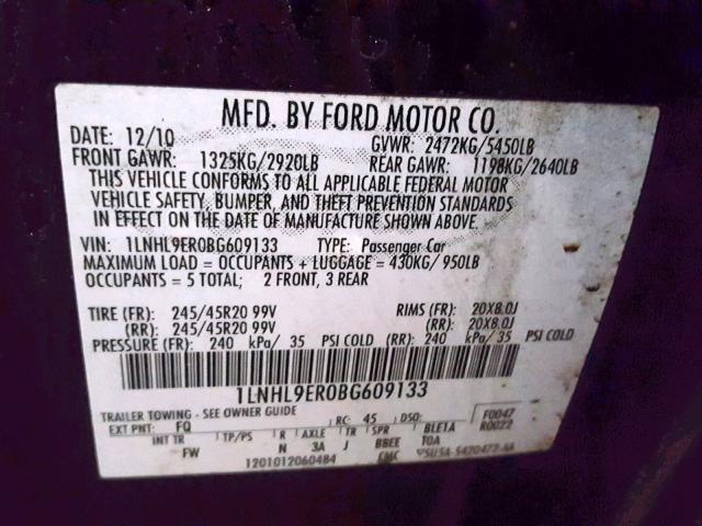 1LNHL9ER0BG609133 - 2011 LINCOLN MKS PURPLE photo 10