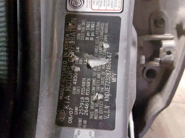 KNDJE723287464447 - 2008 KIA SPORTAGE E GRAY photo 10