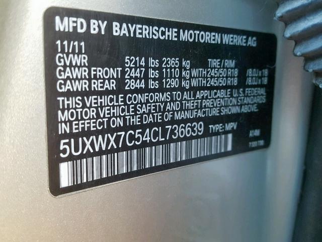 5UXWX7C54CL736639 - 2012 BMW X3 XDRIVE3 TAN photo 10