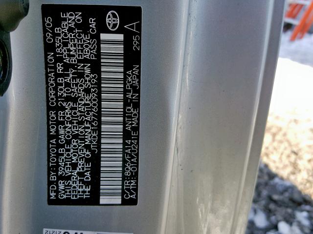 JTKDE167760093193 - 2006 TOYOTA SCION TC ვერცხლისფერი ფოტო 10