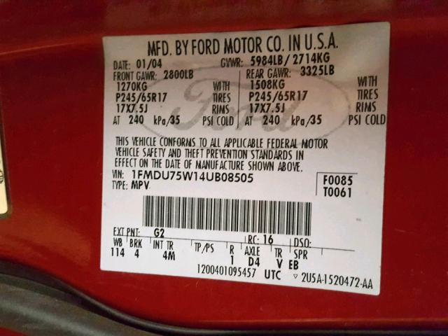 1FMDU75W14UB08505 - 2004 FORD EXPLORER L RED photo 10