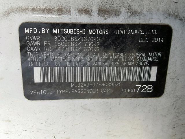 ML32A3HJ7FH039525 - 2015 MITSUBISHI MIRAGE DE WHITE photo 10