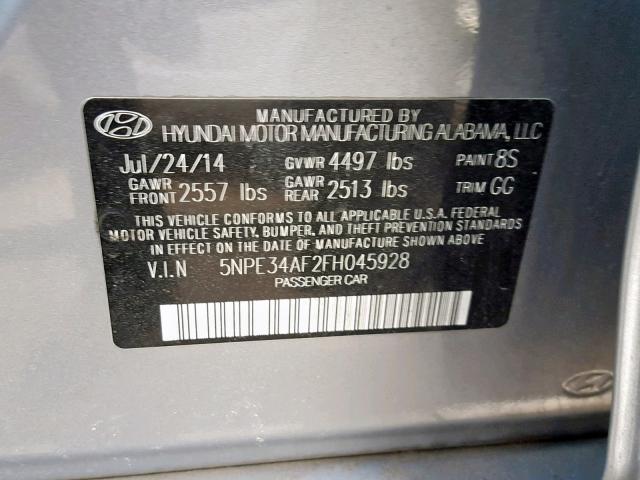 5NPE34AF2FH045928 - 2015 HYUNDAI SONATA SPO GRAY photo 10