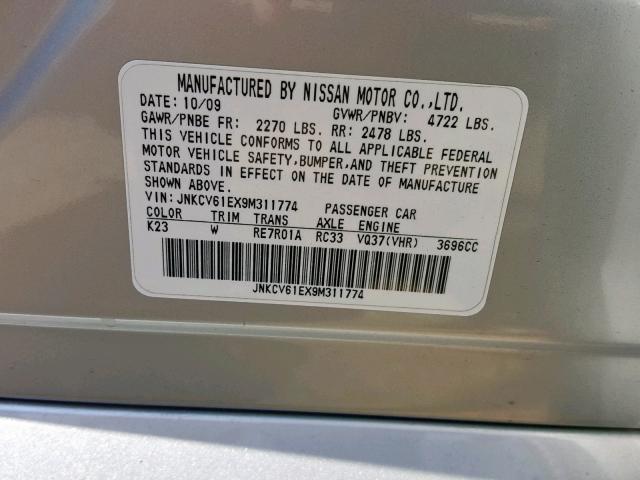 JNKCV61EX9M311774 - 2009 INFINITI G37 BASE SILVER photo 10