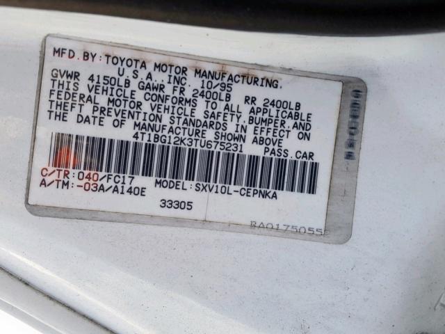 4T1BG12K3TU675231 - 1996 TOYOTA CAMRY DX WHITE photo 10