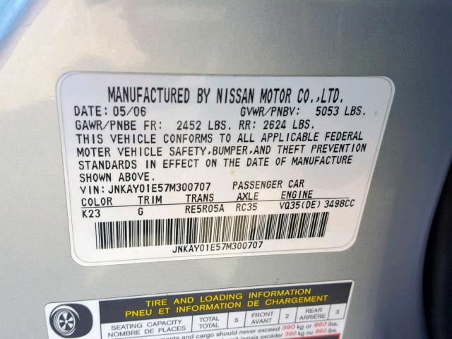 JNKAY01E57M300707 - 2007 INFINITI M35 BASE SILVER photo 10