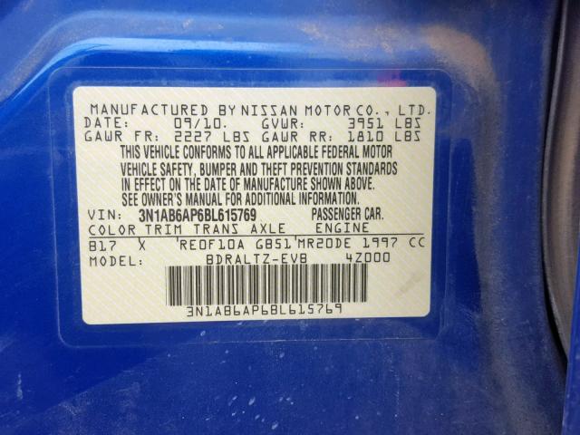 3N1AB6AP6BL615769 - 2011 NISSAN SENTRA 2.0 BLUE photo 10