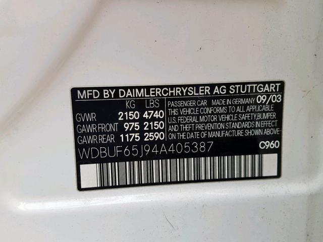 WDBUF65J94A405387 - 2004 MERCEDES-BENZ E 320 WHITE photo 10