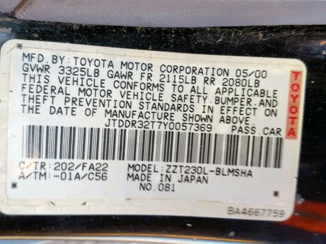 JTDDR32T7Y0057369 - 2000 TOYOTA CELICA GT BLACK photo 10