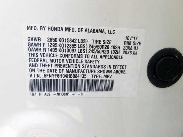 5FNYF6H04HB084135 - 2017 HONDA PILOT ELITE  photo 10