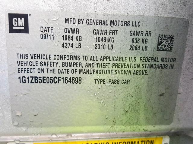 1G1ZB5E05CF164698 - 2012 CHEVROLET MALIBU LS SILVER photo 10