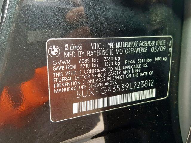 5UXFG43539L223812 - 2009 BMW X6 XDRIVE3 BLACK photo 10