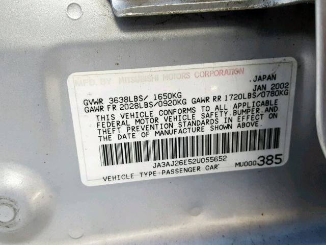 JA3AJ26E52U055652 - 2002 MITSUBISHI LANCER ES SILVER photo 10