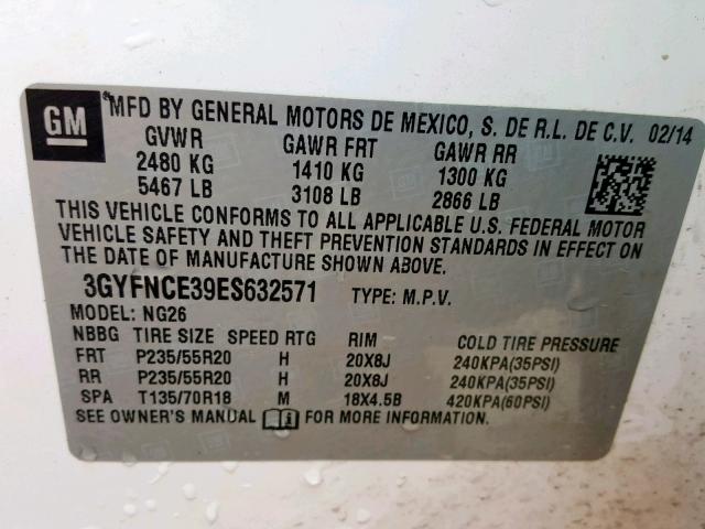 3GYFNCE39ES632571 - 2014 CADILLAC SRX PERFOR 白色 照片 10