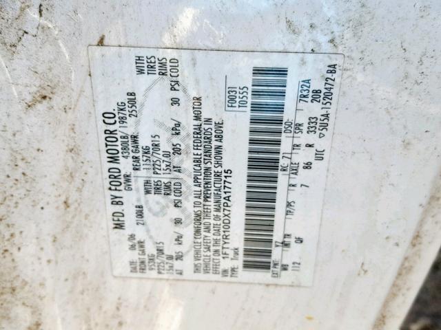 1FTYR10DX7PA17715 - 2007 FORD RANGER WHITE photo 10