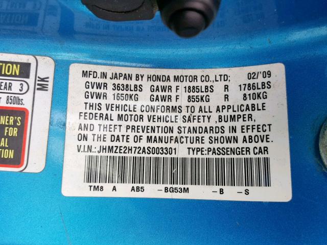 JHMZE2H72AS003301 - 2010 HONDA INSIGHT EX BLUE photo 10