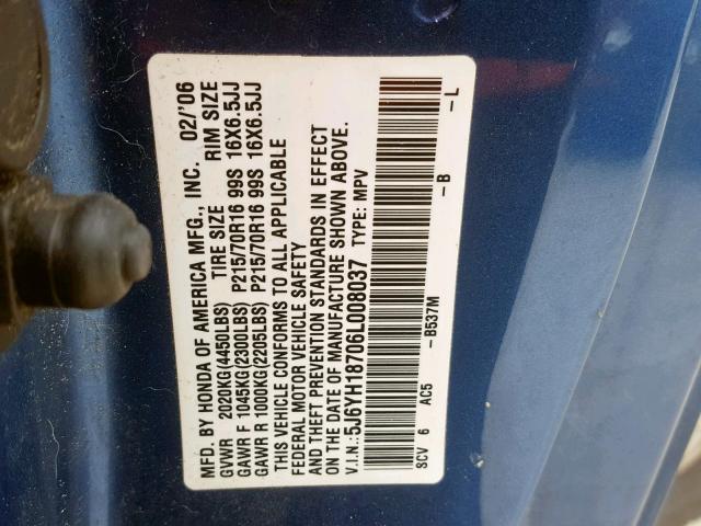 5J6YH18706L008037 - 2006 HONDA ELEMENT EX BLUE photo 10