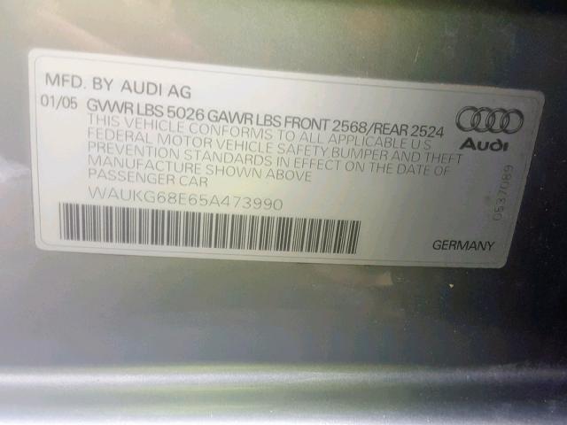 WAUKG68E65A473990 - 2005 AUDI A4 3.2 AVA SILVER photo 10