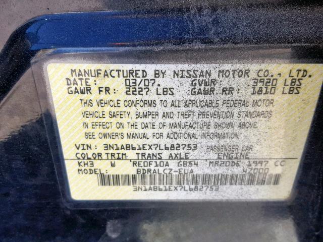 3N1AB61EX7L682753 - 2007 NISSAN SENTRA BLACK photo 10