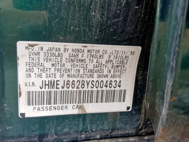 JHMEJ6628YS004634 - 2000 HONDA CIVIC DX GREEN photo 10