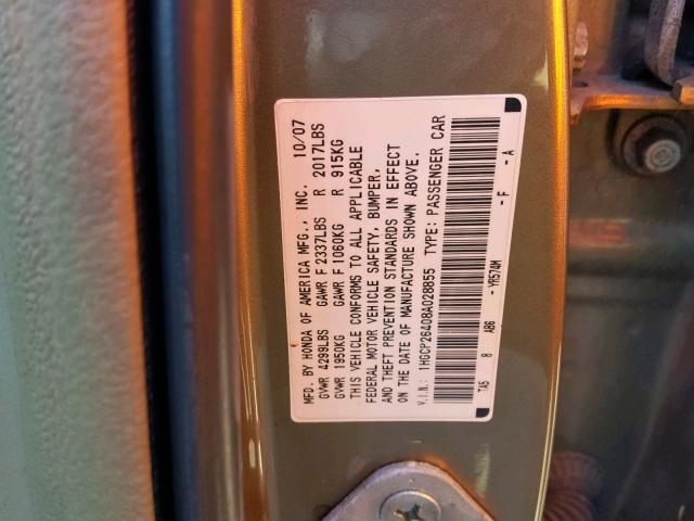 1HGCP26408A028855 - 2008 HONDA ACCORD LXP GOLD photo 10