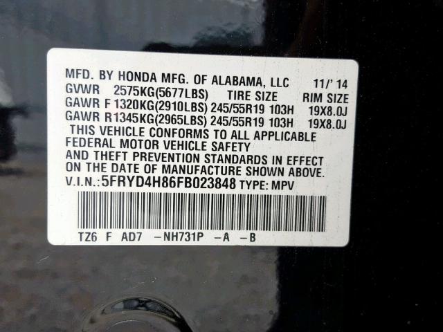 5FRYD4H86FB023848 - 2015 ACURA MDX ADVANC BLACK photo 10