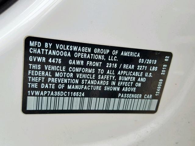 1VWAP7A35DC116524 - 2013 VOLKSWAGEN PASSAT S WHITE photo 10