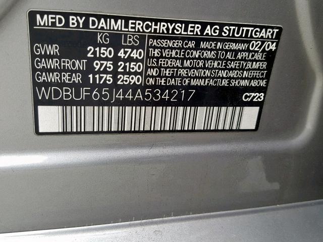 WDBUF65J44A534217 - 2004 MERCEDES-BENZ E 320 SILVER photo 10