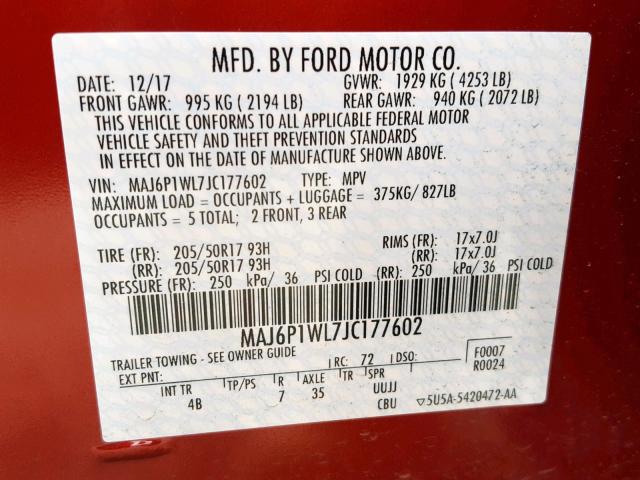 MAJ6P1WL7JC177602 - 2018 FORD ECOSPORT T RED photo 10