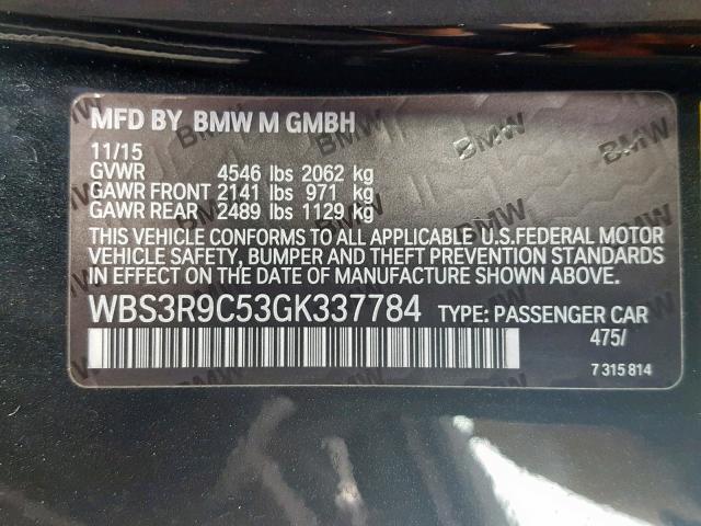 WBS3R9C53GK337784 - 2016 BMW M4 BLACK photo 10