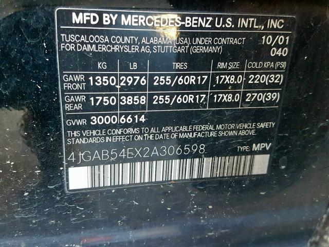 4JGAB54EX2A306598 - 2002 MERCEDES-BENZ ML 320 BLACK photo 10