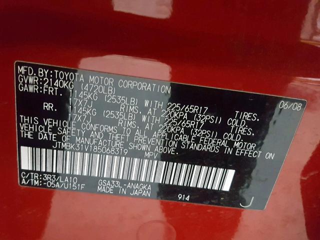 JTMBK31V185068319 - 2008 TOYOTA RAV4 LIMIT RED photo 10