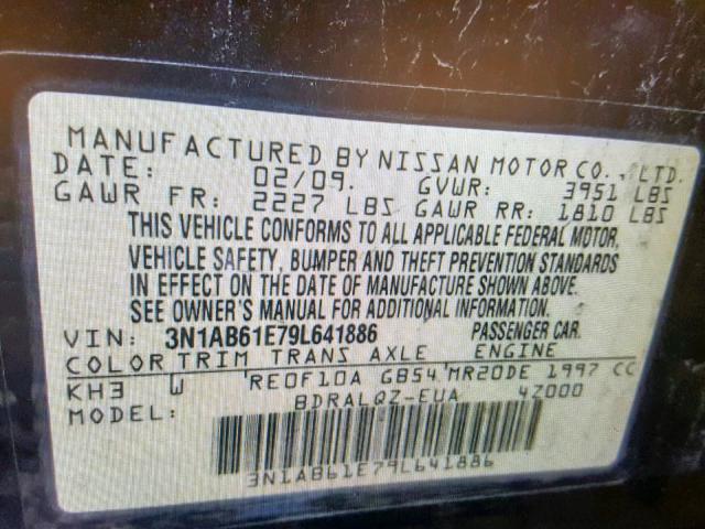 3N1AB61E79L641886 - 2009 NISSAN SENTRA 2.0 BLACK photo 10