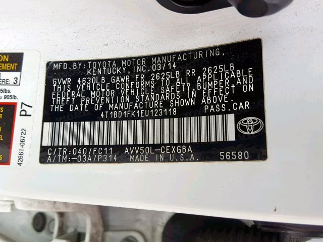 4T1BD1FK1EU123118 - 2014 TOYOTA CAMRY HYBR WHITE photo 10